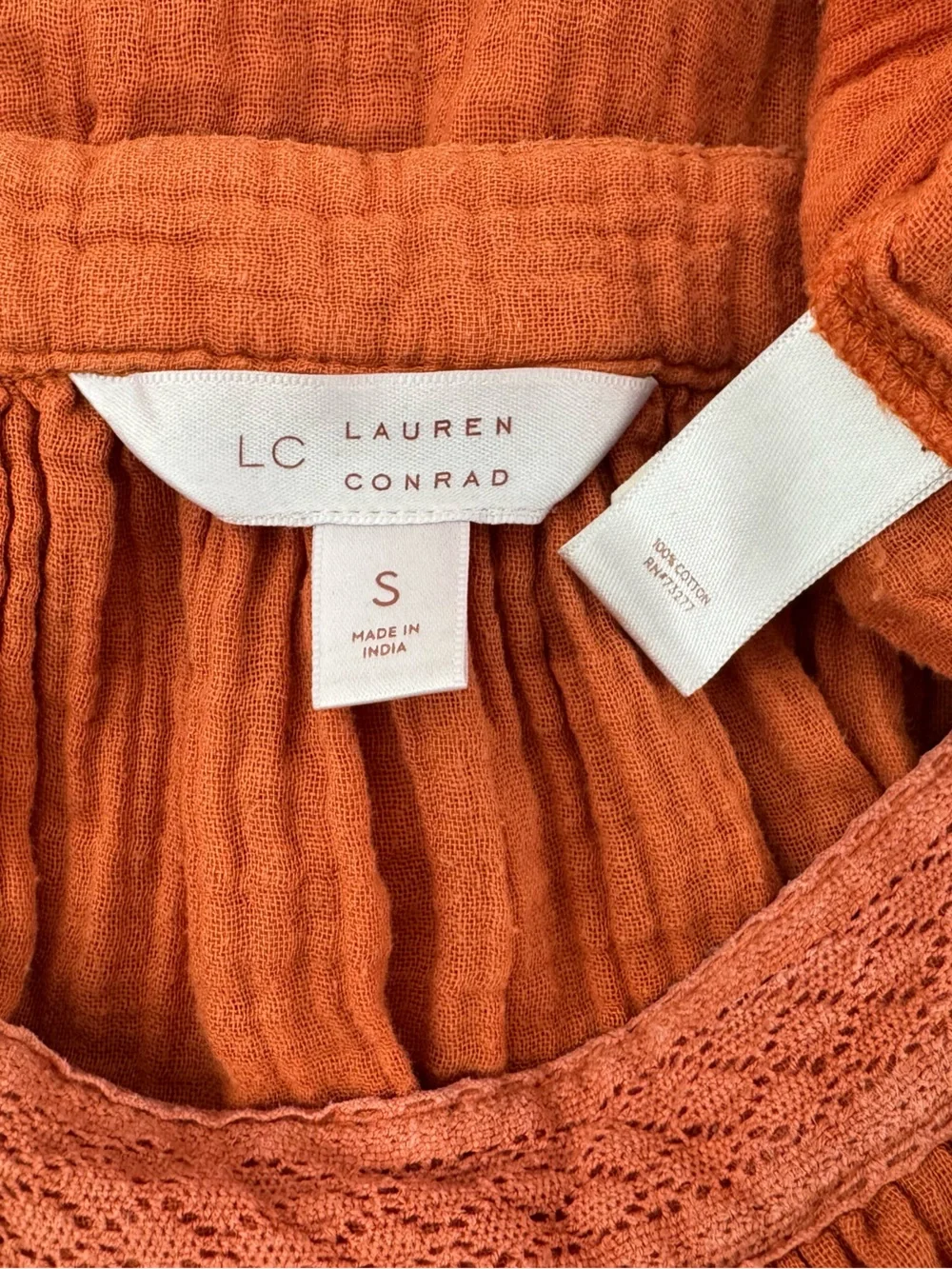 LC Lauren Conrad Rust Orange Gauze Peasant Blouse - Picture 3 of 3